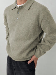 Threebooy  Solid Color Men's Loungewear Pullover, Fall Winter Long Sleeve Lapel Button-Up, Old Money Style Loose Warm Top