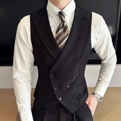 Threebooy  Men Vest Black With Lapel Solid Double Button Waistcoat For Wedding Groom Banquet Business Casual Work Daily Men Suit Vest