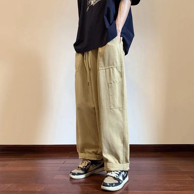 Threebooy  Japanese Straight Work Pants Men Spring and Autumn Loose Wide-leg Casual Trousers