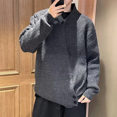 Threebooy  Winter Korean Fashion Slanted Button Cardigan For Man Casual Loose V-neck Knitted Sweaters High Street Y2K Knitwear Jacket