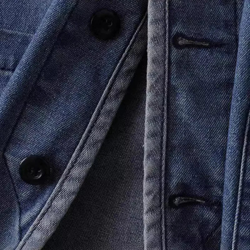 Threebooy  Hip Hop Men's Washed Workwear Denim Jacket Spring Autumn Collarless Taoist Robe V-neck Jackets And Coats Streetwear