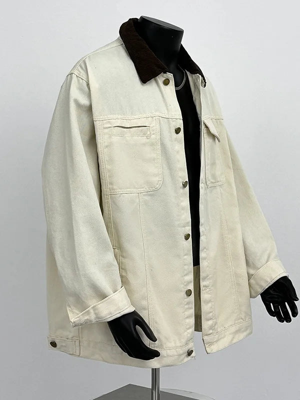 Threebooy American Casual Coat Contrasting Color Splicing Design Denim Workwear Men's High Street Trend Retro Personality Lapel Jacket