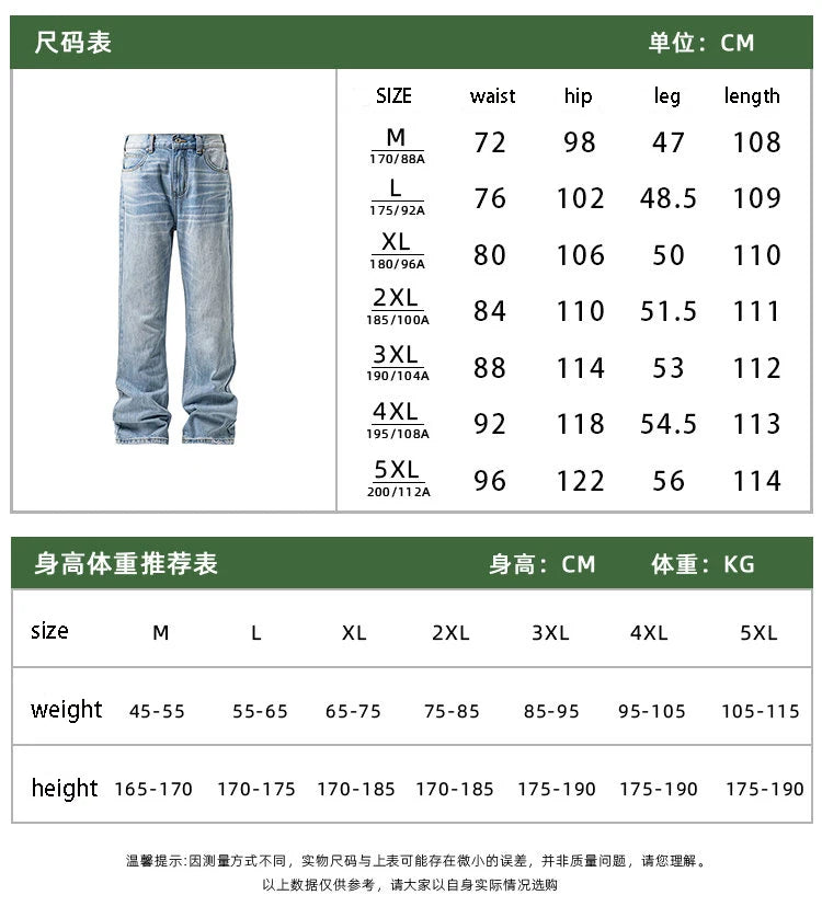 Threebooy Mens Classic Straight Light Blue Washed Denim Jeans M-5XL 7 Size Options Big Tall Multiple Fit Vintage Wash Large Size