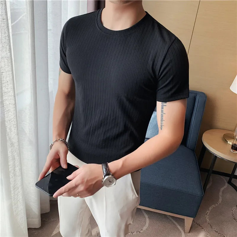 Threebooy New Style Male Summer Slim Fit Round Collar Short Sleeve T-shirt/Mens Fashion Stripe Leisure T-shirt/Man Tops Plus Size 4XL