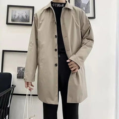 Threebooy  Spring Autumn Men's Single-breasted Trench Medium-length Trendy Brand Loose-fit British Style Korean Version Trendy Jacket