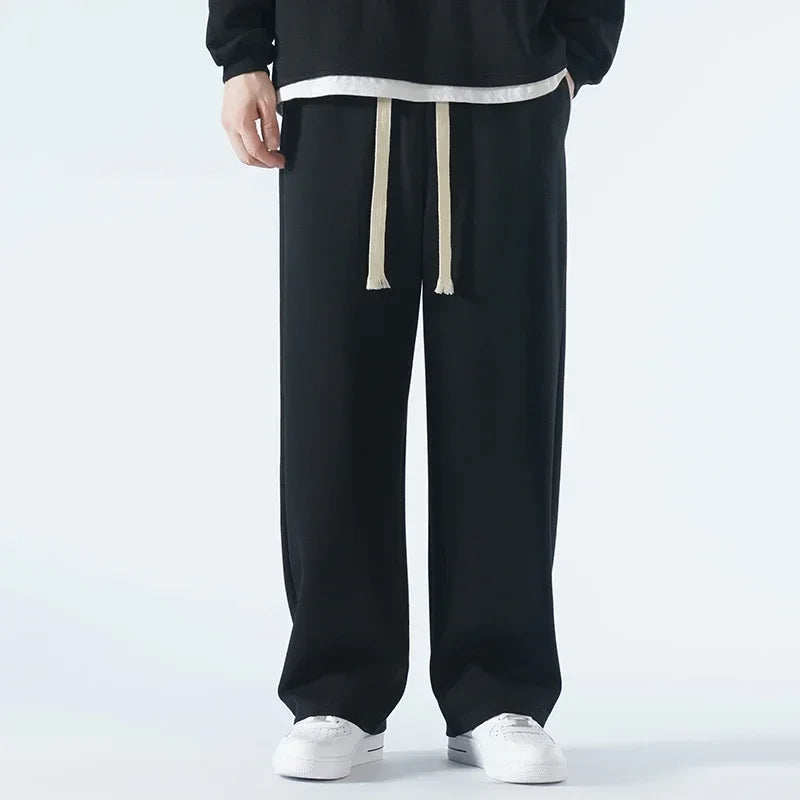 Threebooy  New Men's Casual Pants Wide Leg Straight 65% Cotton Fabric Outdoor Sweatpants Neutral High-quality Soft Long Baggy Trousers