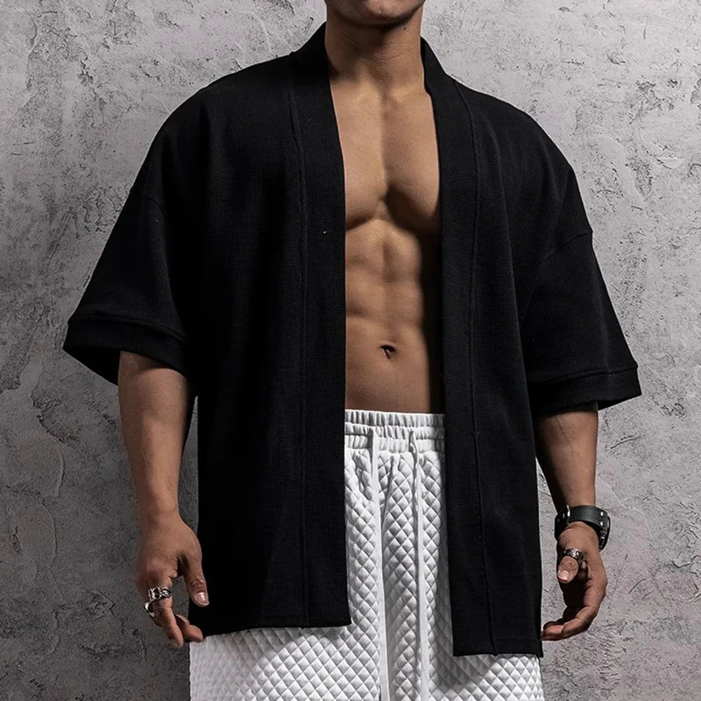 Threebooy  Summer New Men's Solid Color Short-Sleeved Cardigan American Fashion Trend Casual Simple Loose Breathable Sports Men's Tops