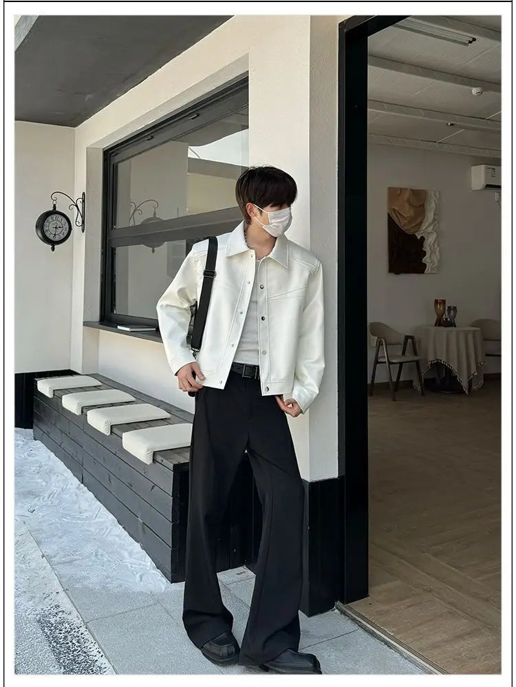 Threebooy American Street High-end Coat Trendy Leather Jacket Korean Elegant 2025 Spring Men's New PU Lapel Slim Loose Jacket Aesthetic