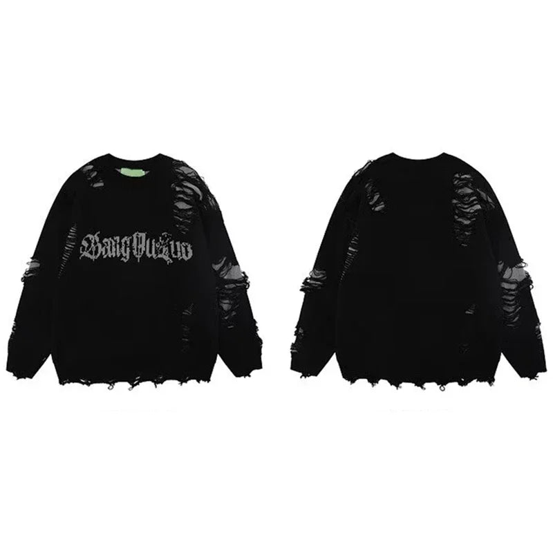 Threebooy New Hole Sweater Male Autumn Vintage High Street Gothic Dark Pullover Round-Neck Knit Design Irregular Letters Oversize Sweater