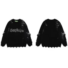 Threebooy New Hole Sweater Male Autumn Vintage High Street Gothic Dark Pullover Round-Neck Knit Design Irregular Letters Oversize Sweater