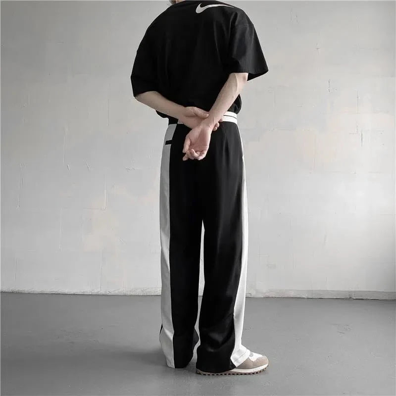 Threebooy Fashion Trend Black White Solid Color Asymmetrical Elastic Waist High Casual Full Length Pants Straight Loose Men's Clothing