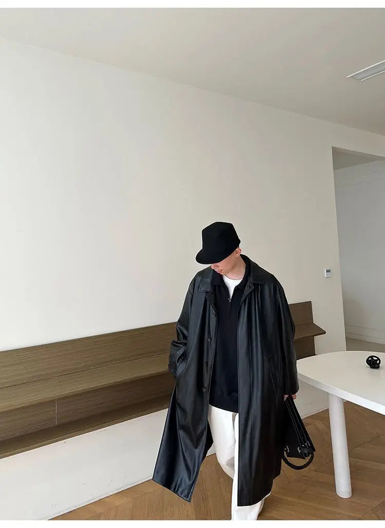 Threebooy 2025 Spring Pu Leather Jacket Men's Mid-length American Retro Long Jacket Lapel Button Coat Trendy Cityboy Windbreaker