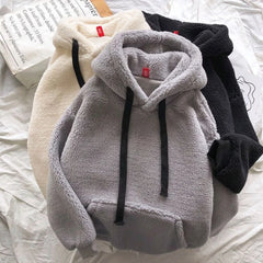 Threebooy  Women's Korean Style Fleece Hoodie Thick Warm Loose Long Sleeve Pullover Couple Matching Winter Tops