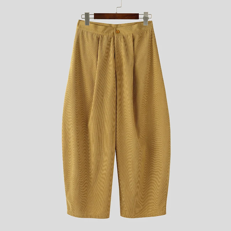 Threebooy  Men Corduroy Pants Solid Color Button Joggers Loose Wide Leg Trousers Men Streetwear Fashion Casual Male Long Pants