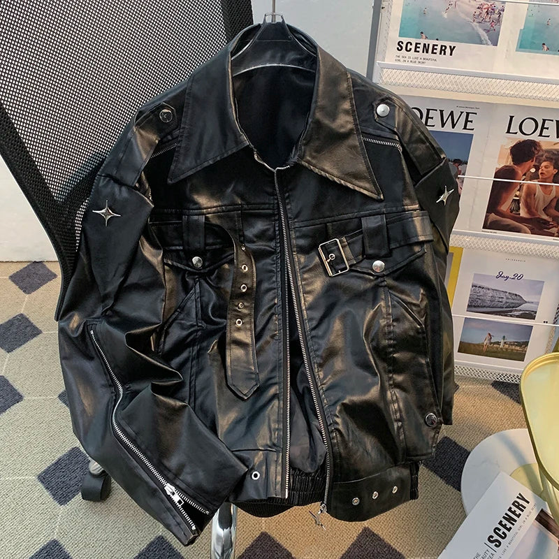 Threebooy Niche Deconstruction Heavy Industry Leather Jacket Spring Autumn Design Loose Punk Streetwear Short Motorcycle Leather Coat