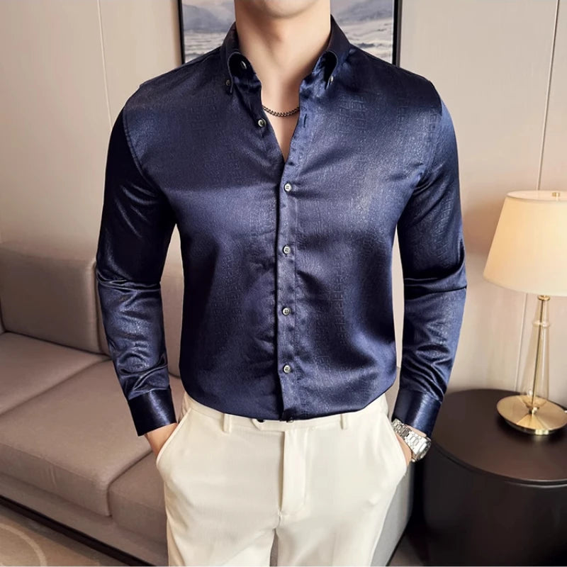 Threebooy  Men High-quality Glossy Wrinkle Resistant and Iron Free Shirt Men Social Shirt Long Sleeved Slim Fit Clothing Plus Size Tailcoat