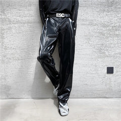 Threebooy  British Style Net Trend Personality Streetwear Bright PU Leather Trousers Side Tight Waist Loose Casual Pants Men's S-2XL