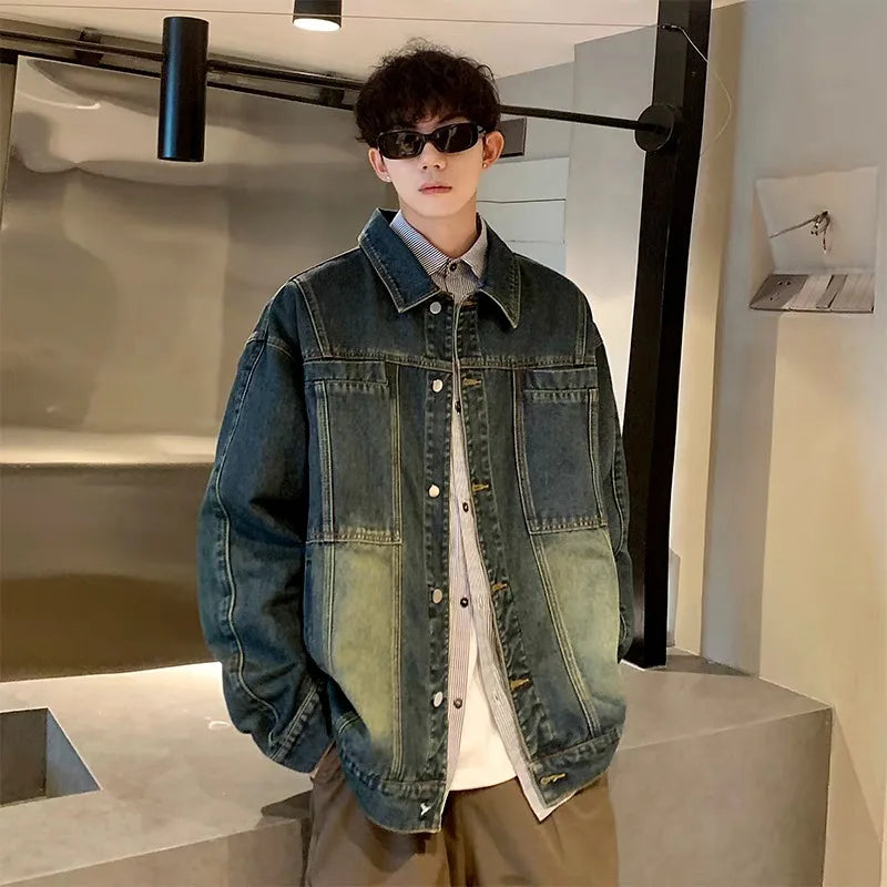 Threebooy Trendy Men's Denim Jacket Autumn Winter, Ripped & Patchwork Design, Oversized Fit, Urban Street Style, Unisex