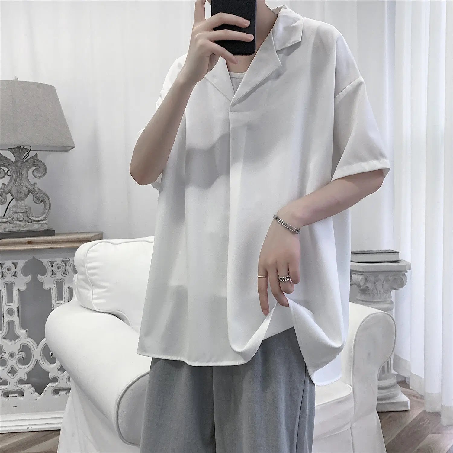 Threebooy Mens Short Sleeve Shirt Pullover Small Suit Collar Loose Fit Solid Color Summer Casual Office Wear Daily Breathable Comfort