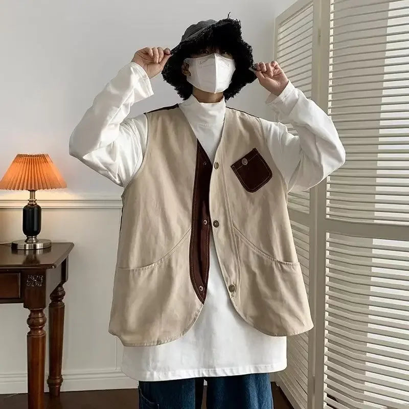 Threebooy  Vintage Hong Kong Style Cargo Vest Men's Women's Loose Sleeveless Couple's Trendy Workwear Jacket