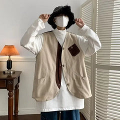 Threebooy  Vintage Hong Kong Style Cargo Vest Men's Women's Loose Sleeveless Couple's Trendy Workwear Jacket