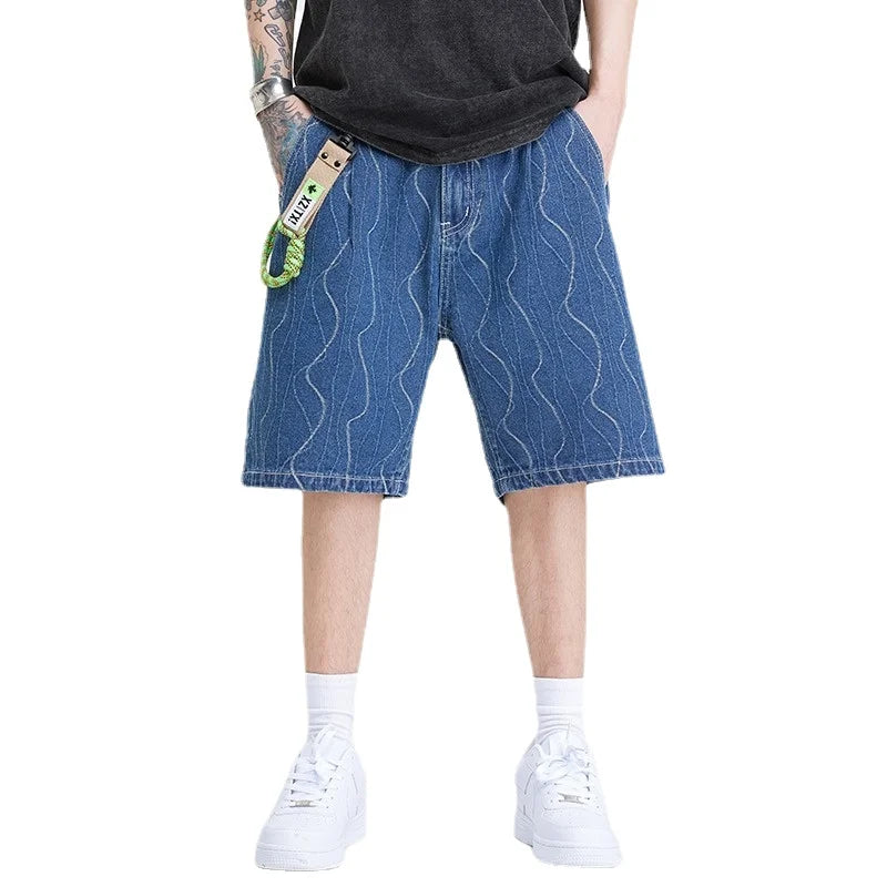 Threebooy vintage retro washed denim shorts men's tide brand ins street loose hip-hop tooling five points medium pants large size shorts