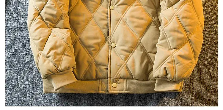 Threebooy Men's Parkas Rhombus Padded Cotton Winter Thickened Retro Casual Baseball Uniforms Warm Coat Stand Collar Single-breasted Coats