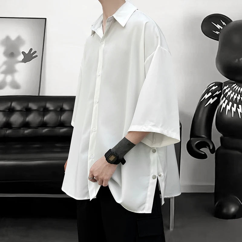 Threebooy 5 Colors Side Buttons Shirt Harajuku Solid Button Up Korean Short Sleeve Aesthetic Male Shirts Blouse Men Black White Yellow