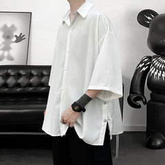 Threebooy 5 Colors Side Buttons Shirt Harajuku Solid Button Up Korean Short Sleeve Aesthetic Male Shirts Blouse Men Black White Yellow