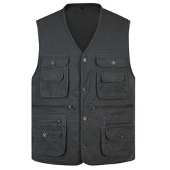 Threebooy  New Classic Summer Men Vest Cotton Button Multi Pocket Sleeveless Jacket Coat Solid Color Outdoor Fishing Waistcoat Plus Size