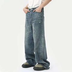 Threebooy  American Style Men's Denim Pants Washing Fashion Loose Men's Straight Trousers Casual Wide Leg Jeans New Summer