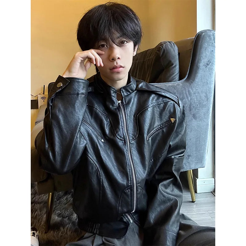 Threebooy  Short Leather Jacket Men's High-end and Handsome American Retro Motorcycle Spring and Autumn
