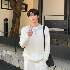 Threebooy Fashion Patchwork Men Polo Sweater Light Luxury Japanese Popular Knitwear Premium Quality Long Sleeve Pullover Trendy Streetwear