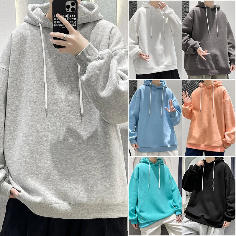 Threebooy Men's Multicolour Patternless Hooded Sweatshirt Korean Loose Large Size 5XL Casual  Long Sleeve Top Simple Unisex Style T-Shirt