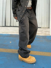 Threebooy  1Pc Men's Wide Pants Brushed Jeans Wide Jeans Y2K New Rocks Jeans Buggy Black Hip-Hop Pants