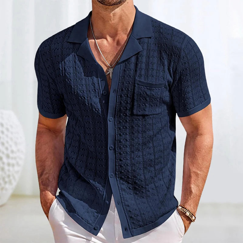 Threebooy Summer New Trend Men Fashion Polo Shirt Luxury Hollow Out Knit T-shirt American Style Textured Short Sleeve Casual Cardigan Tops