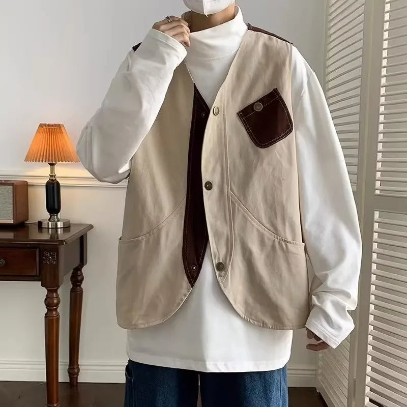 Threebooy  Japanese Trendy Couple Loose Jacket Retro Interface Bag Work Vest Sleeveless V-neck Vest Handsome Cardigan Aesthetic Urban Chic
