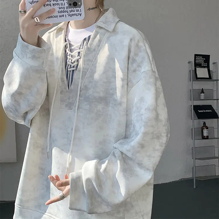 Threebooy Collar Sweatshirt Mens Layered V Neck Pullover Fake Two Piece Streetwear Casual Hoodie Jacket Fall 2025 New Tie Dye Design