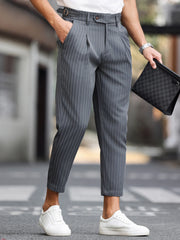 Threebooy  Men's Casual Vertical Striped Tapered Cropped Pants Gurkha High Waist Stretch Slim Fit Business Grey Navy Green Trousers