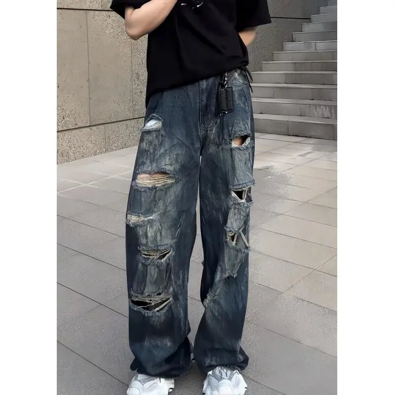 Threebooy  Mens Loose Fit Straight Leg Jeans Dark Blue Ripped Distressed Trendy Streetwear Fashion Casual Urban Denim Pants Hip Hop Style