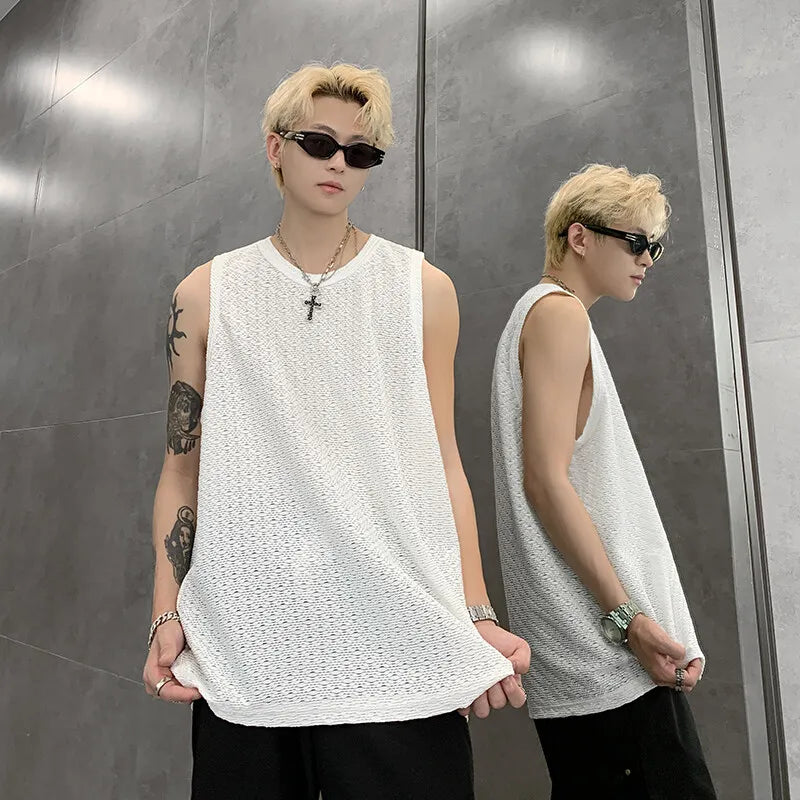 Threebooy Men Ice Silk Hellow Sleeveless TShirts O-Neck Vest Summer Male Loose Casual Tank Tops Fashion Oversized Singlets Male Clothing