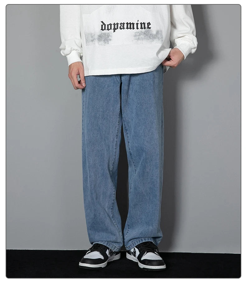 Threebooy 2025 New Korean Men's Casual Long Jeans Classic Man Straight Denim Wide-leg Pants Solid Color Light Blue Grey Black