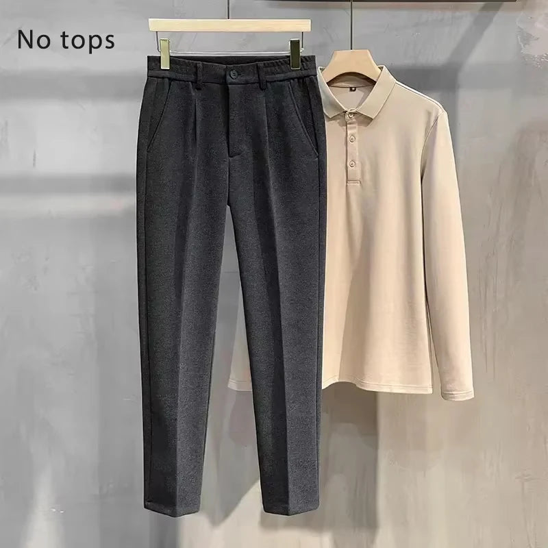 Threebooy  Woolen Suit Pants Men's Autumn Winter New Korean Formal Business Pants Slim Straight Elastic Waist  Fashion Tapered Trousers