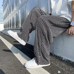 Threebooy Summer Ice Silk Pants Men Oversized Retro Plaid Pants Men Japanese Streetwear Loose Wide Leg Pants Mens Pleated Trousers M-5XL