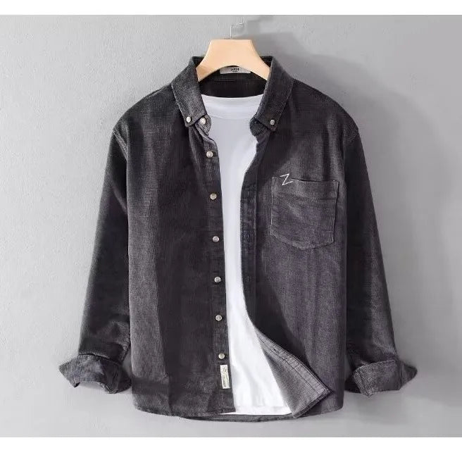 Threebooy Autumn Winter Casual Loose Corduroy Jacket For Men Elegant Business Work Turn Collar Long Sleeve Shirts For Men