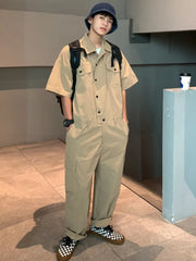 Threebooy 2024 Spring Summer Men's Jumpsuit Solid Overalls Loose Cargo Pants Vintage Fashion Casual Khaki Male Clothing