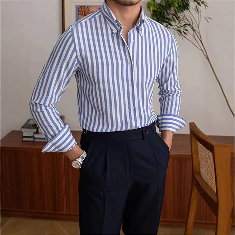 Threebooy  New Naples Business Men Shirts Light Luxury Textured Lapel Striped Long Sleeve Cardigan Leisure Premium Commuter Blouse M-3XL