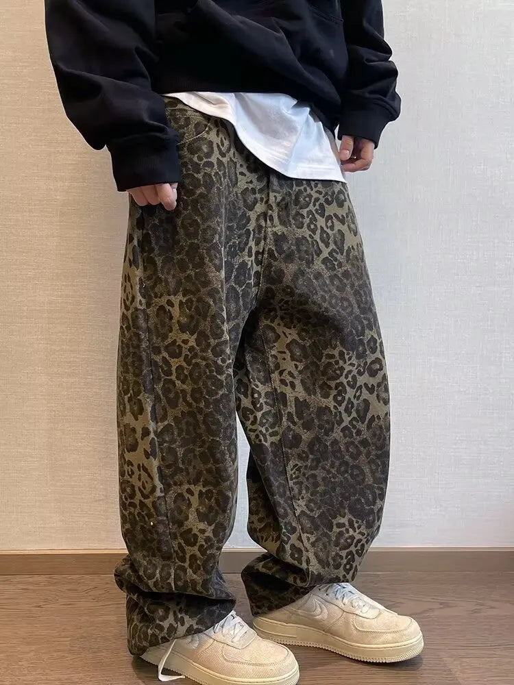 Threebooy  Autumn Tan Leopard Jeans Men Denim Pants Male Oversize Wide Leg Trousers Streetwear Hip Hop Vintage Loose Casual Animal Print
