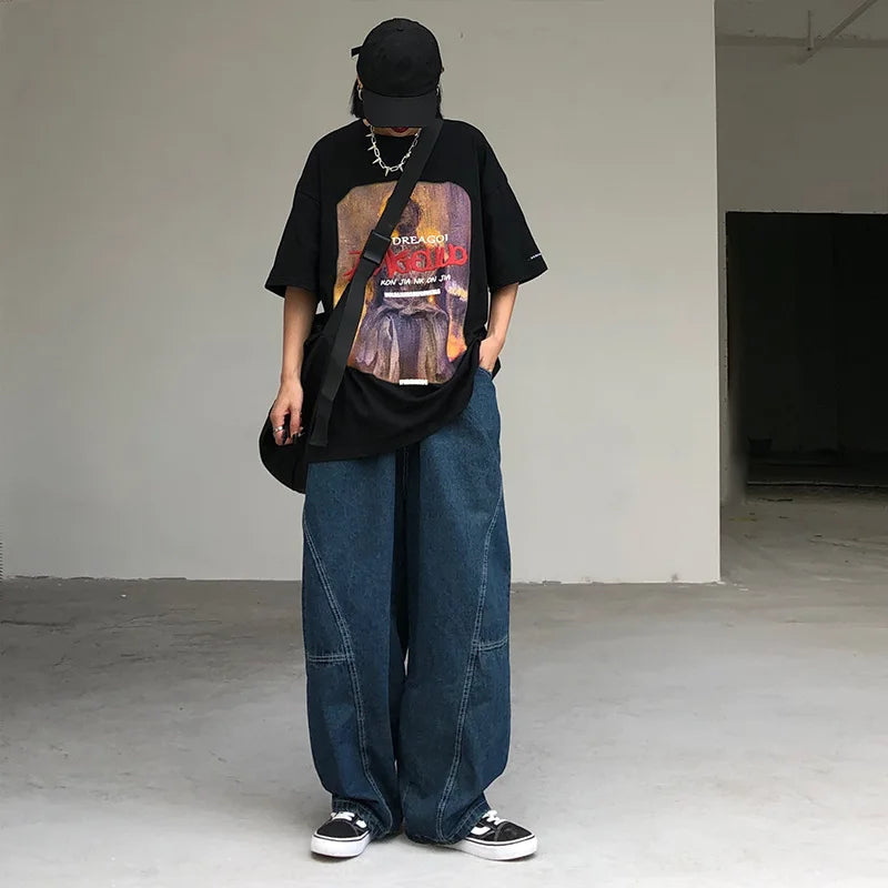 Threebooy New Wide Leg Pants Men's Fashion Baggy Solid Color Stitching Trousers Harajuku Casual Loose Oversize Jeans Men Clothing Y2K