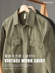 Threebooy Heavyweight Work Shirt Men's Thickened Washing Old Pure Cotton Loose American Retro Military Green Shirt Jacket Spring Autumn